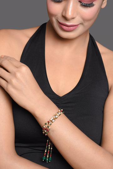 Red Green beaded Gold tone Kundan bracelet